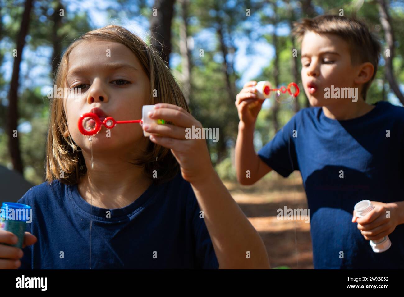 Bambini che giocano con le bolle di sapone nella foresta Foto Stock
