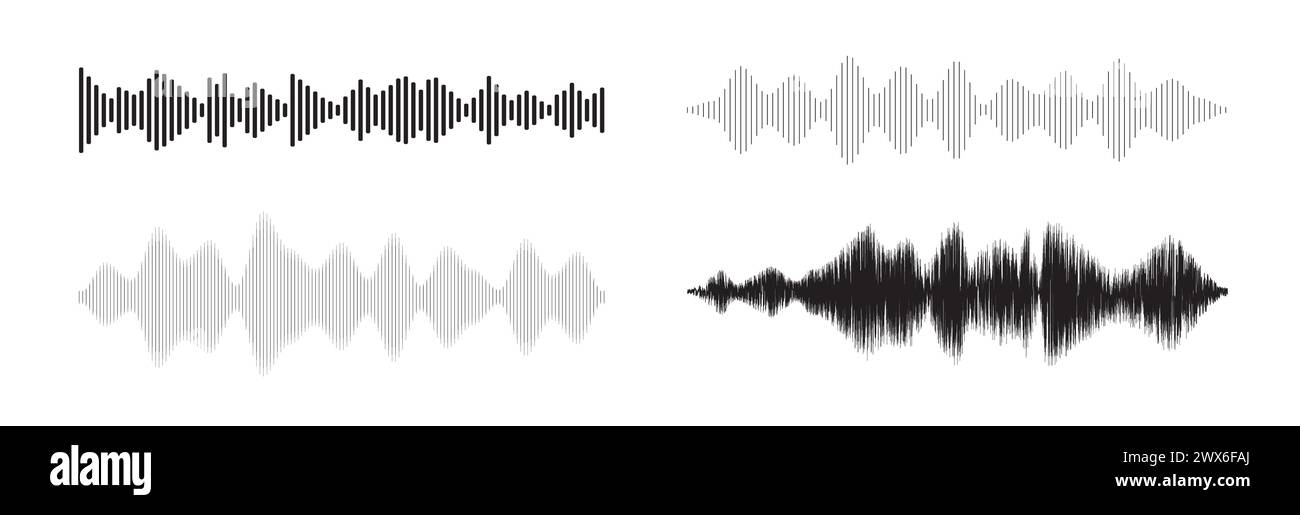 Schema onda sonora impostato. Forma d'onda audio per radio, podcast, registrazione musicale, video, social media. 4 forme diverse. Illustrazione Vettoriale