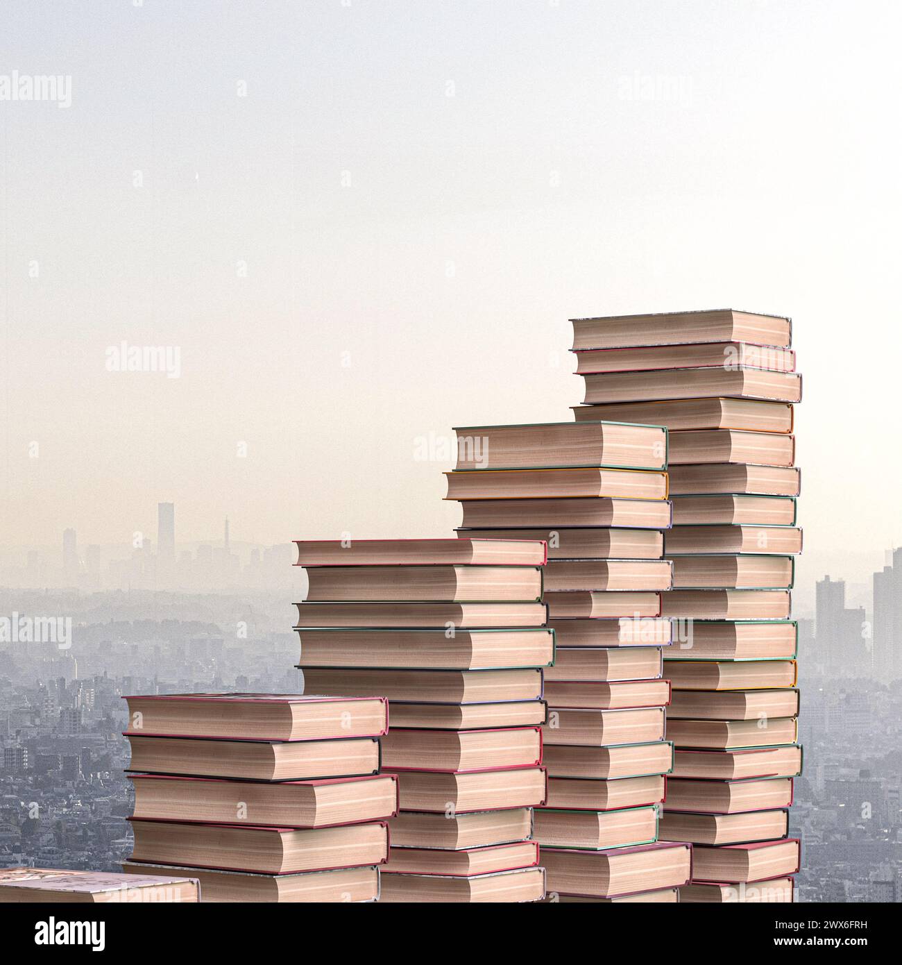 Pile di libri che torreggiano con uno skyline sfocato della città sullo sfondo. rendering 3d. Foto Stock