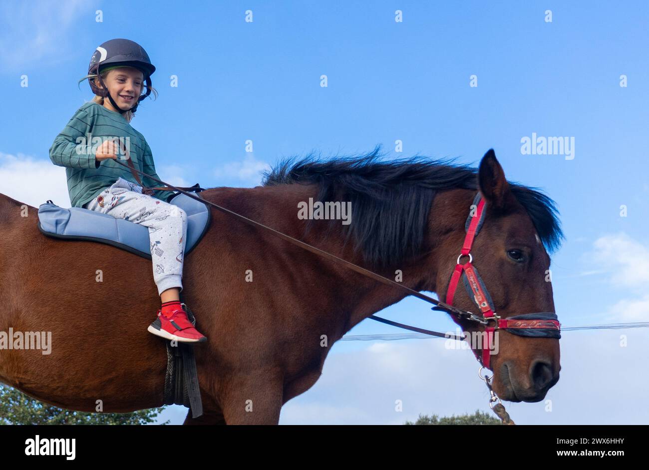 Bambini che imparano a cavalcare in una fattoria Foto Stock