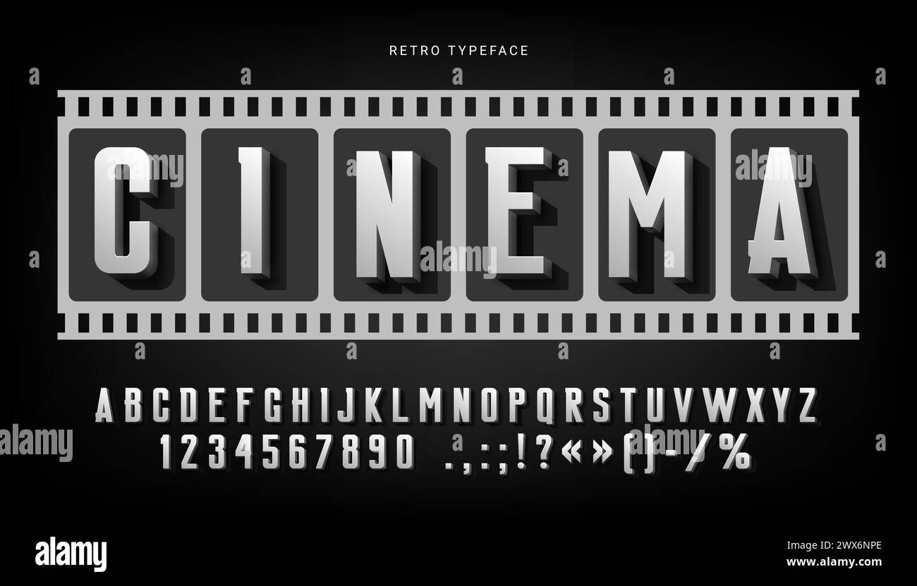 Font di film vecchio o retro cinema con caratteri di poster, alfabeto inglese vettoriale vintage. Caratteri cinematografici di Hollywood o lettere tipografiche di cinema noir con ombre nere nella pellicola Illustrazione Vettoriale