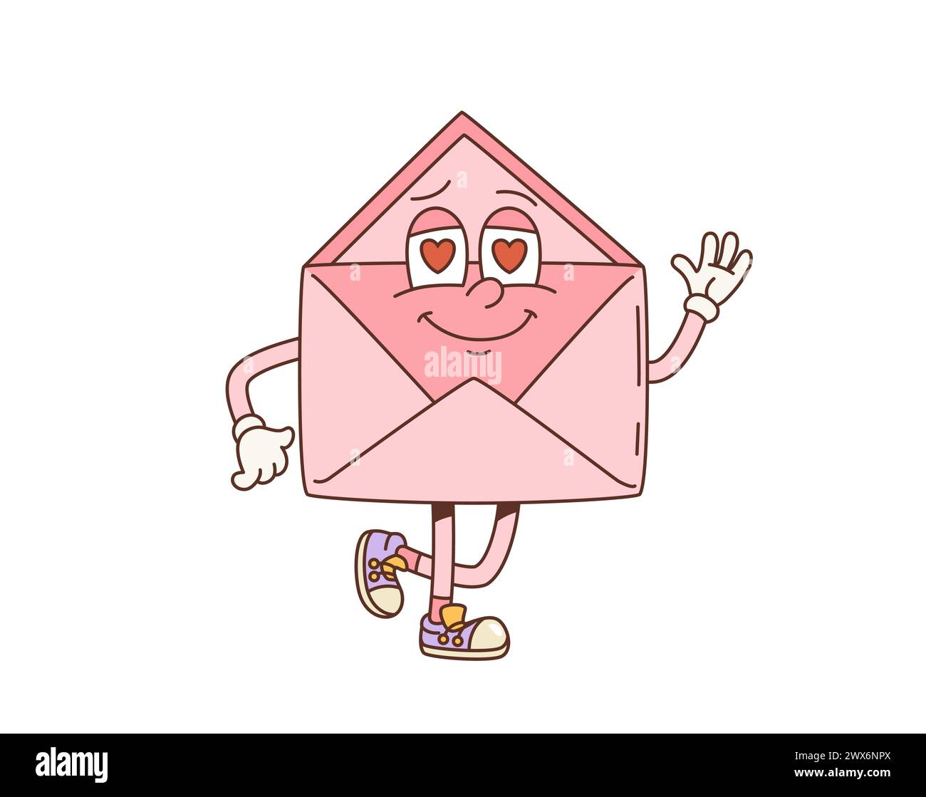 Cartoni animati retro groove valentine. Posta vettoriale vintage per le vacanze o lettera personale con il cuore negli occhi, messaggio romantico o d'amore per i festeggiamenti di San Valentino in stile comico Illustrazione Vettoriale