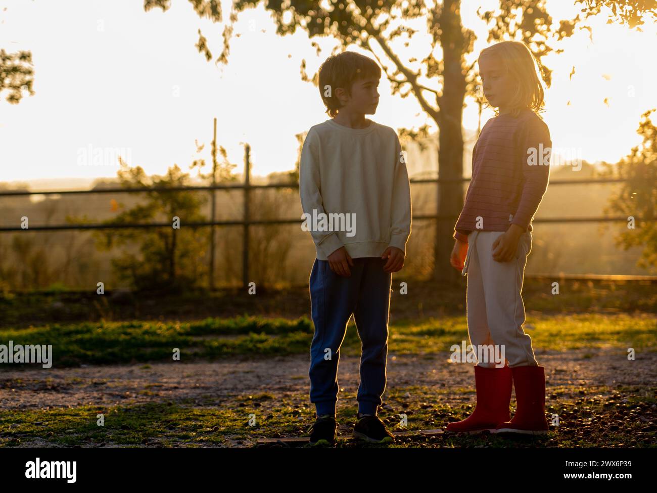 Due bambini al tramonto sul campo Foto Stock