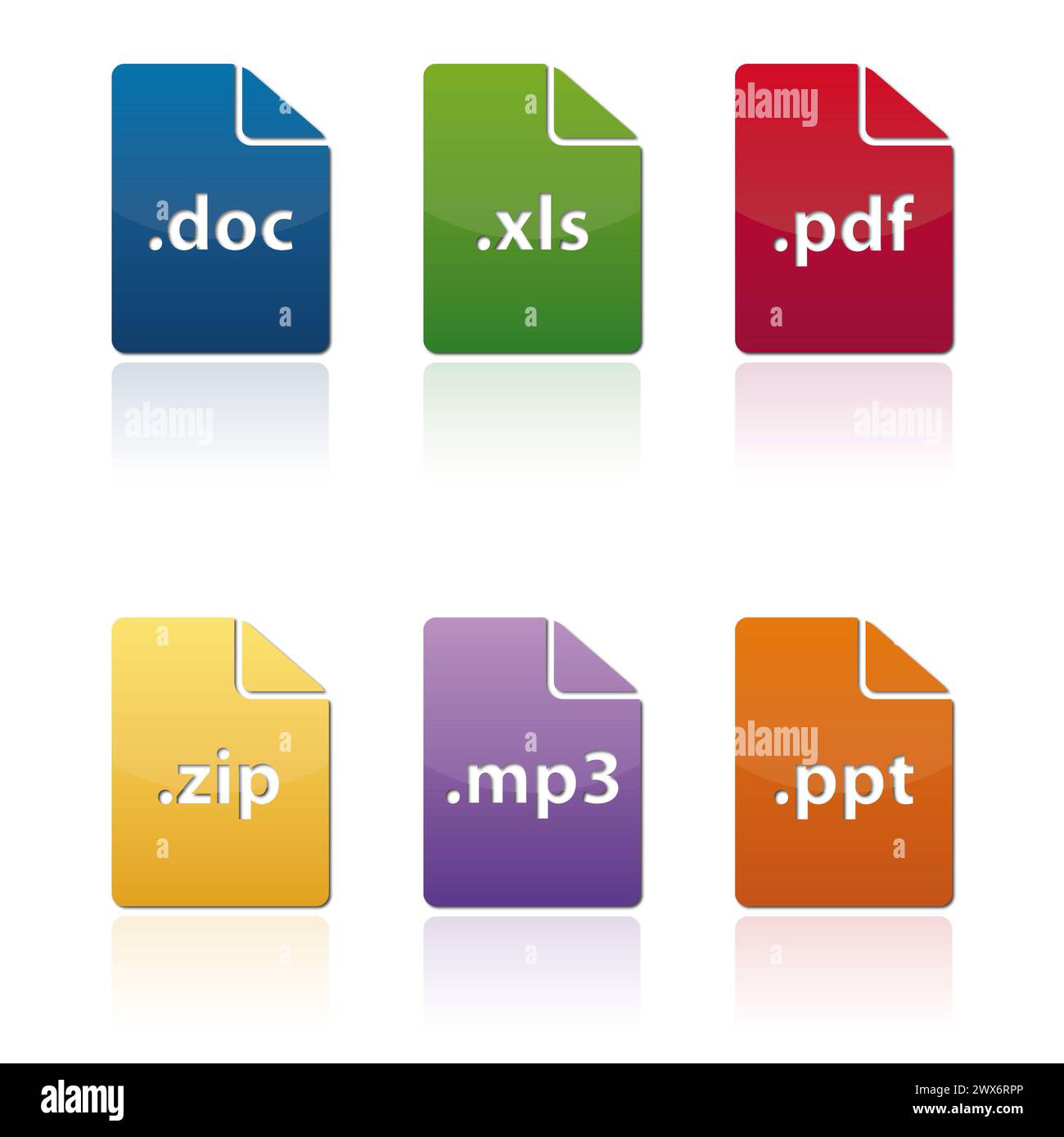 Icone di file colorate in vari formati doc xls pdf zip mp3.ppt Foto Stock