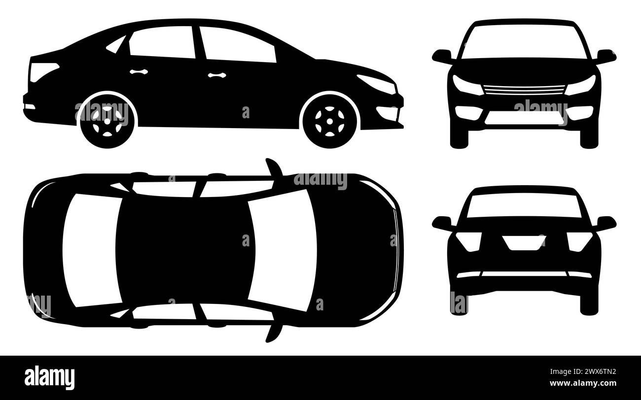 Silhouette dell'auto su sfondo bianco. Le icone del veicolo impostano la vista laterale, anteriore, posteriore e superiore Illustrazione Vettoriale
