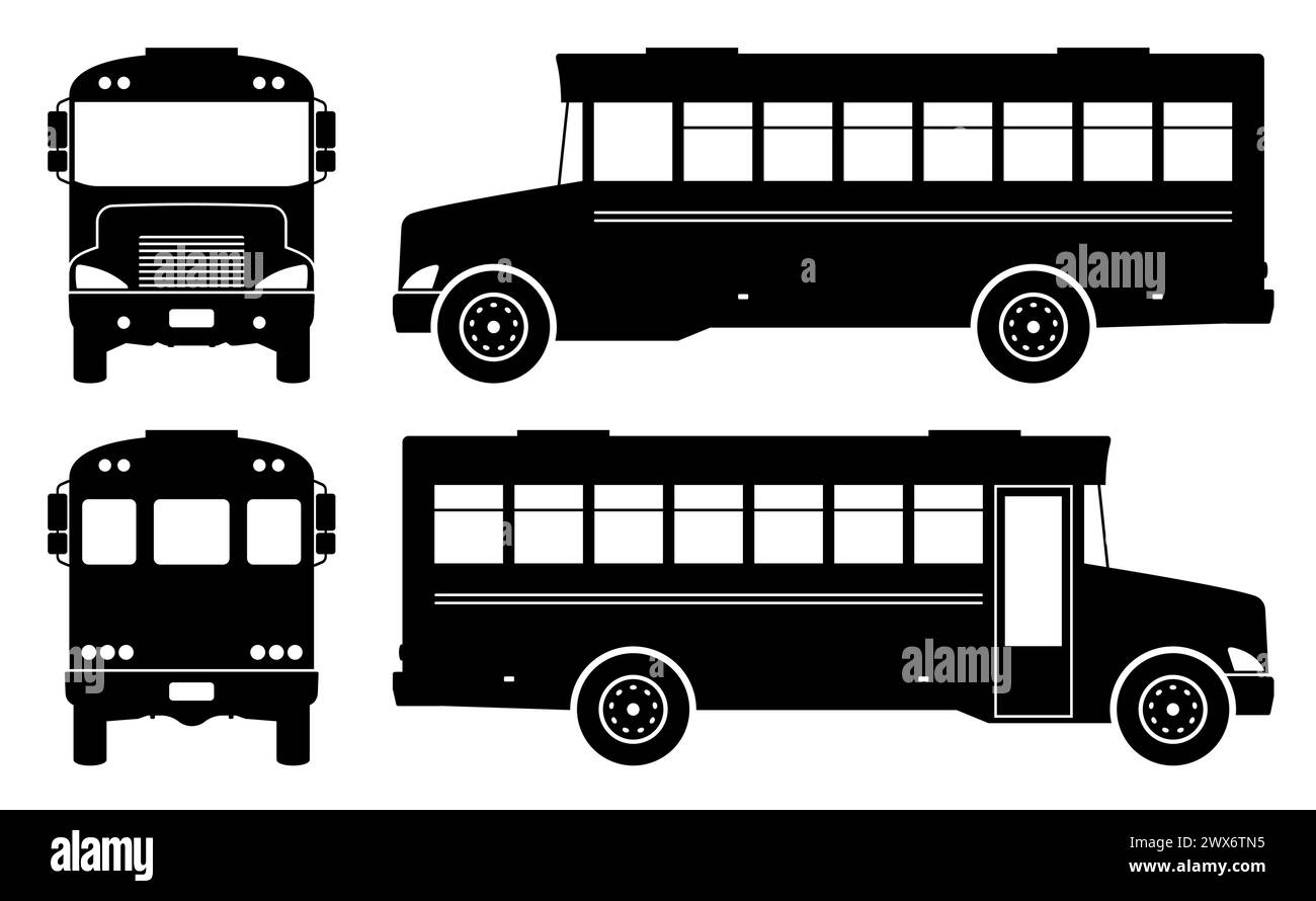 Scuolabus su sfondo bianco. Le icone del veicolo impostano la vista laterale, anteriore, posteriore, superiore Illustrazione Vettoriale