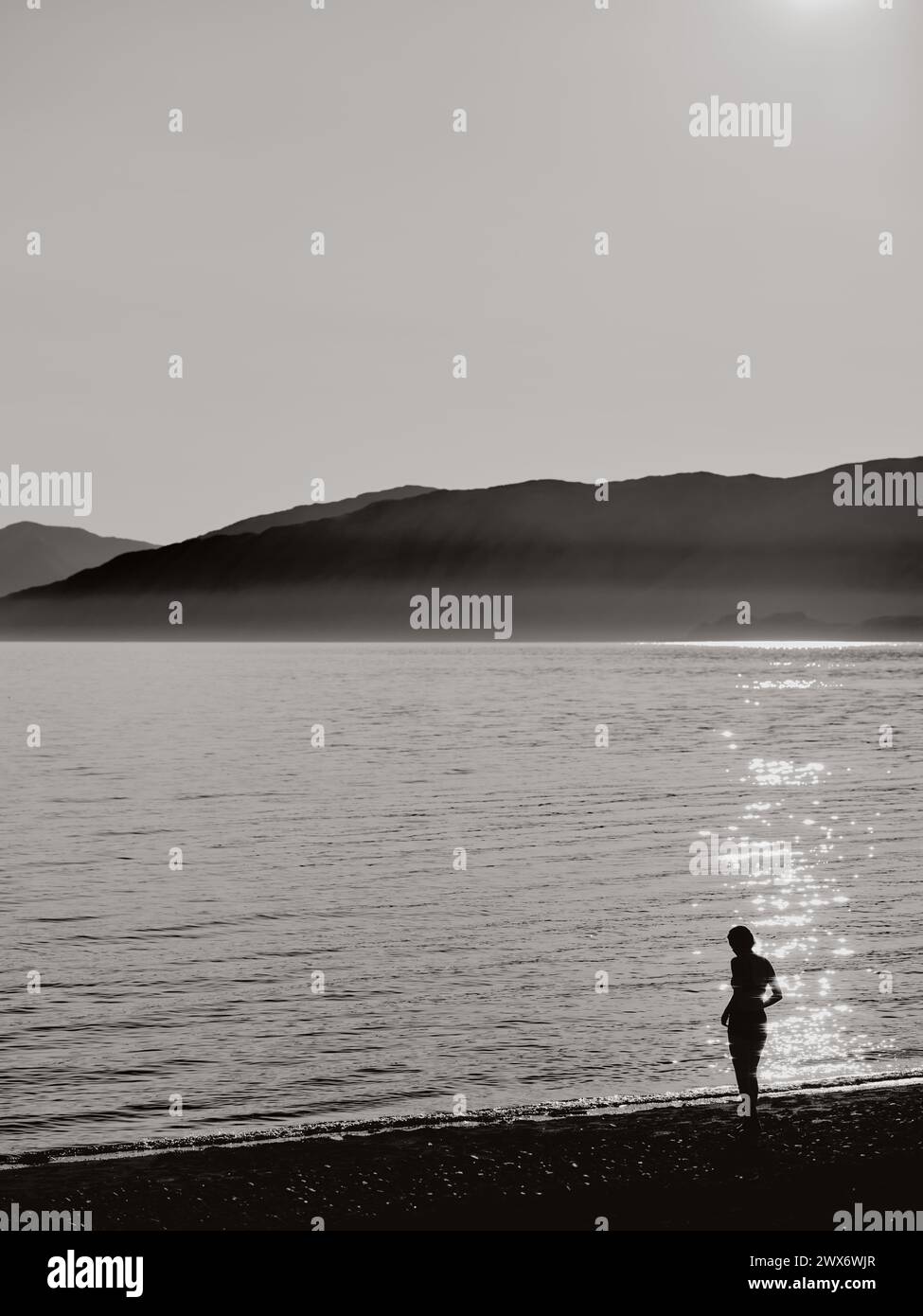 Una figura dalla silhouette solitaria retroilluminata contro il sole sulla costa - libertà all'aperto paesaggio marino Foto Stock