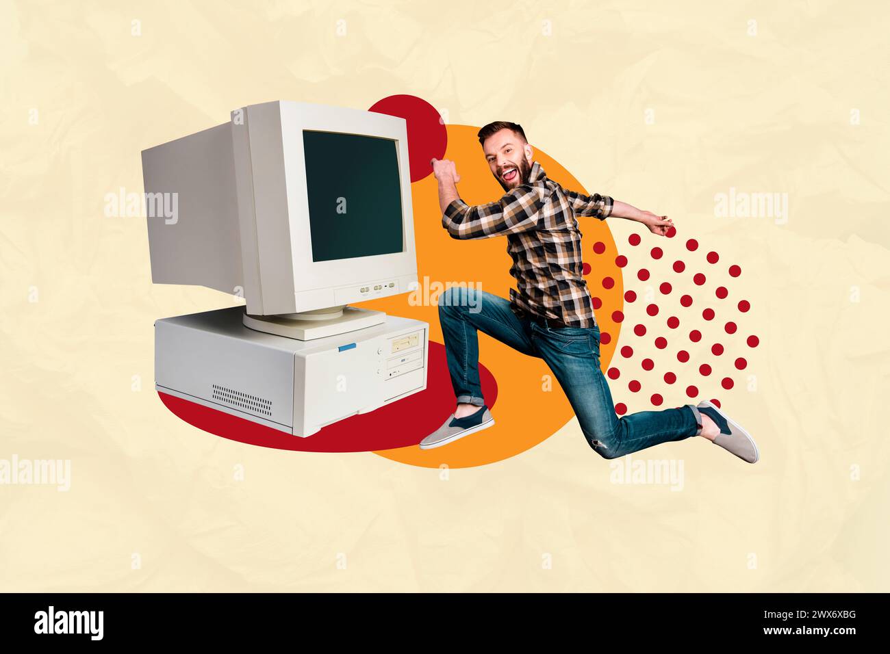 Grafica di tendenza immagine di schizzo composito collage fotografico 3D di un ragazzo sorridente che lavora in ufficio a distanza da casa buon umore Foto Stock