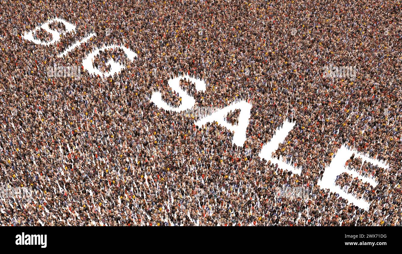 Concetto o grande comunità concettuale di persone che formano UNO slogan DI VENDITA GRANDE. 3d metafora di illustrazione per l'introduzione sul mercato, la promozione, lo shopping, il prezzo speciale, o Foto Stock