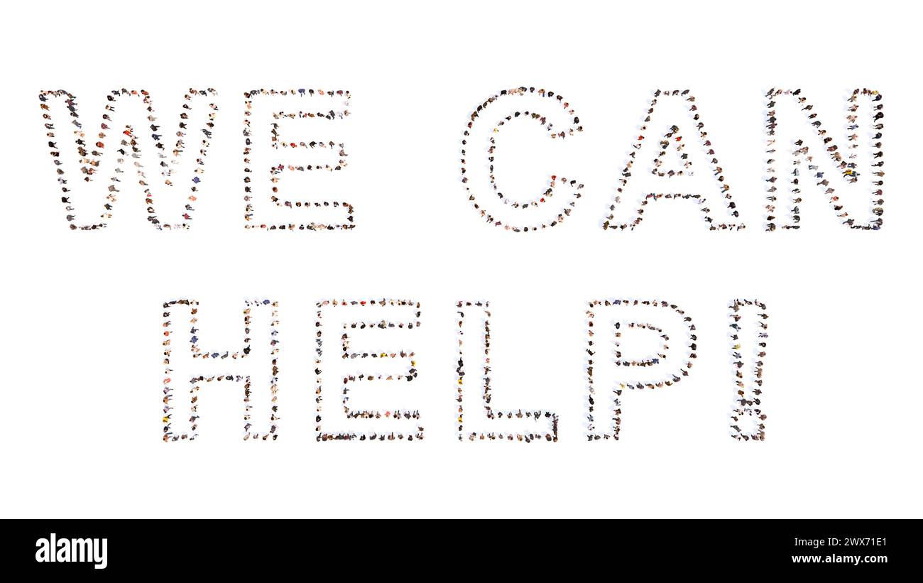 Concetto concettuale ampia comunità di persone che formano lo slogan WE CAND HELP. metafora dell'illustrazione 3d per comunità e amicizia, compassione, gentilezza Foto Stock