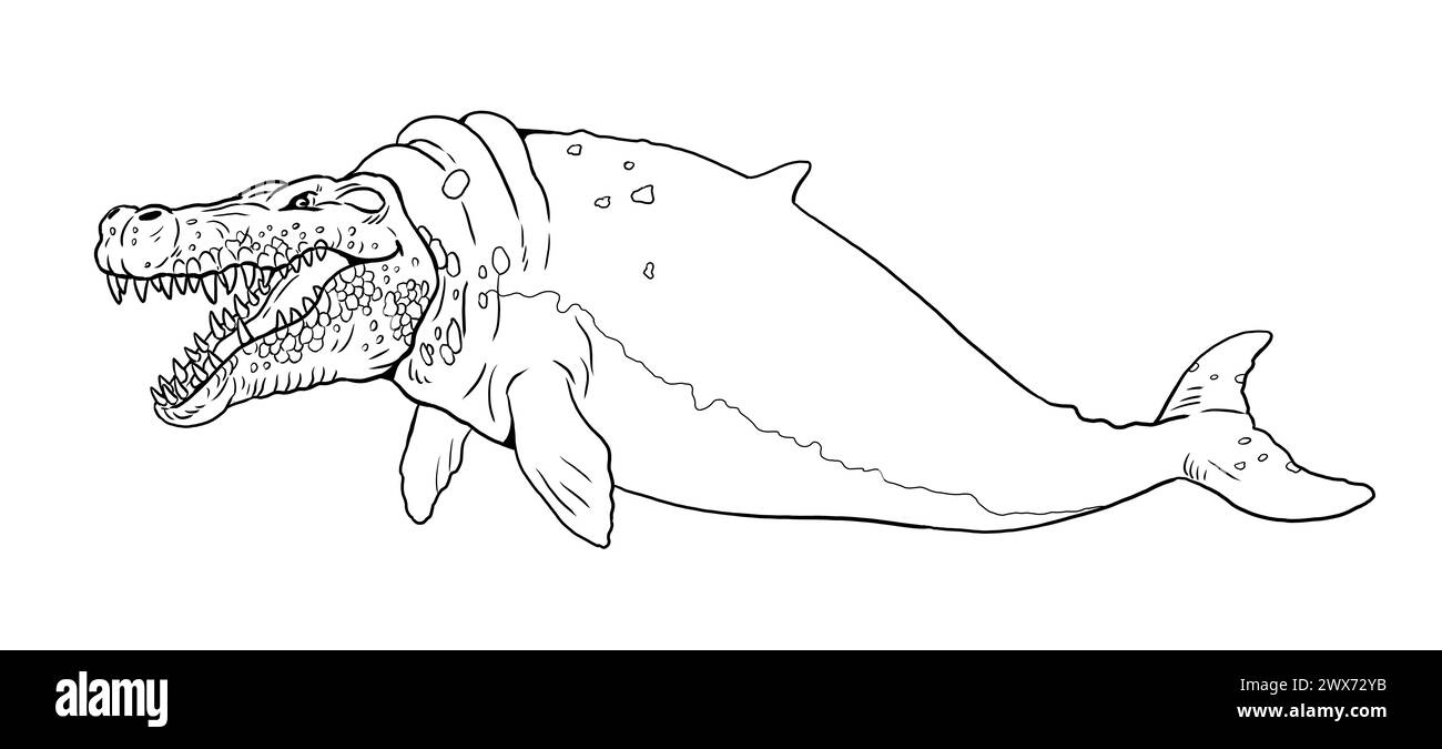 Pagina da colorare con i mutanti animali: Una balena con testa di coccodrillo. Libro da colorare con creature fantasiose. Foto Stock