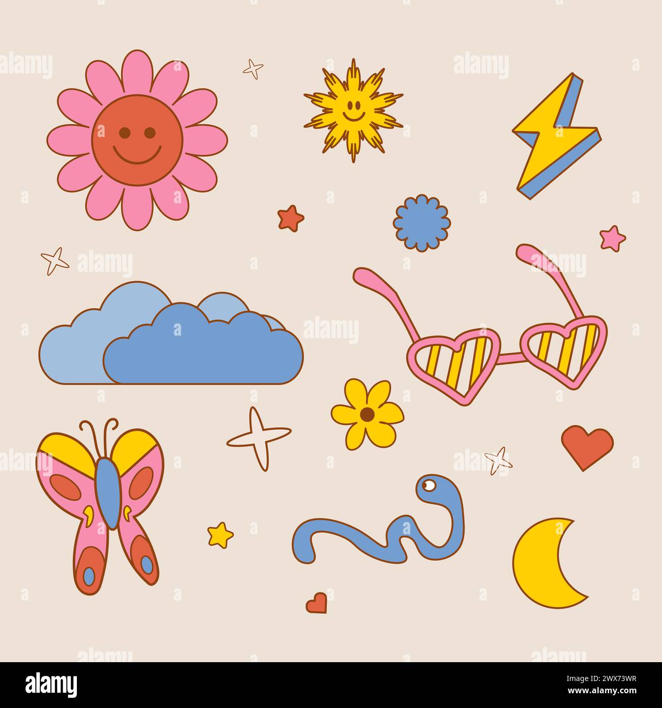 Illustrazione vettoriale. Collezione di adesivi divertenti e colorati, sole, occhiali da sole, nuvole, farfalla, luna in cartone animato, y2k, stile artistico retrò alla moda. Illustrazione Vettoriale