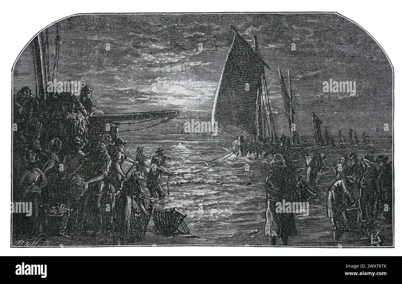 Pesca al pilchard in Cornovaglia. The Boats Coming Home; Black and White Illustration from the "Our Own Country" pubblicato da Cassell, Petter, Galpin & Co. Fine del XIX secolo. Foto Stock