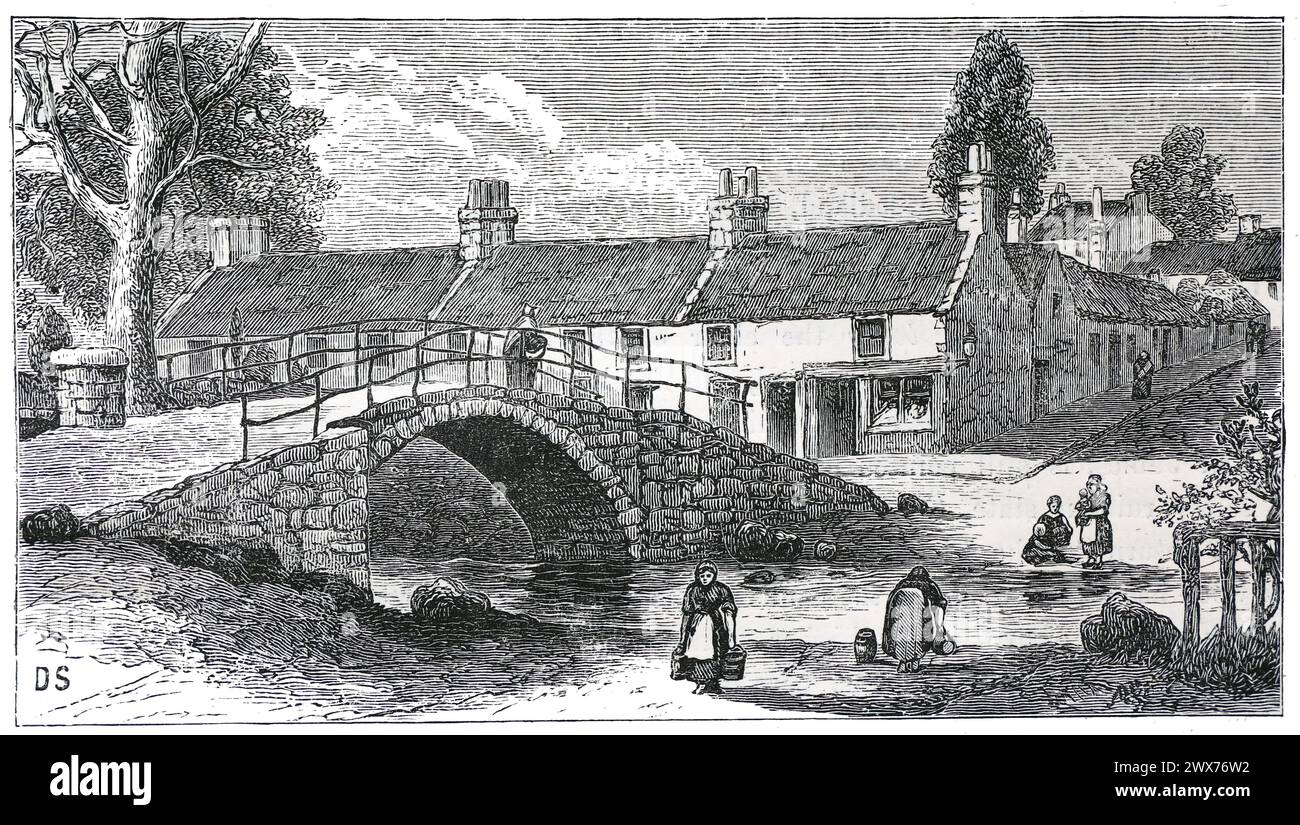 Il Cadger's Bridge, o Brig, Biggar, South Lanarkshire. Un ponte pedonale ad arco singolo in pietra, largo 2 m, presumibilmente del XIII secolo. Il suo nome deriva da esso tradizionalmente, essendo stato attraversato da William Wallace travestito da "Cadger" (falco) durante il suo viaggio verso il luogo in cui gli inglesi erano accampati vicino Biggar. Black and White Illustration from the "Our Own Country" pubblicato da Cassell, Petter, Galpin & Co Fine del XIX secolo. Foto Stock