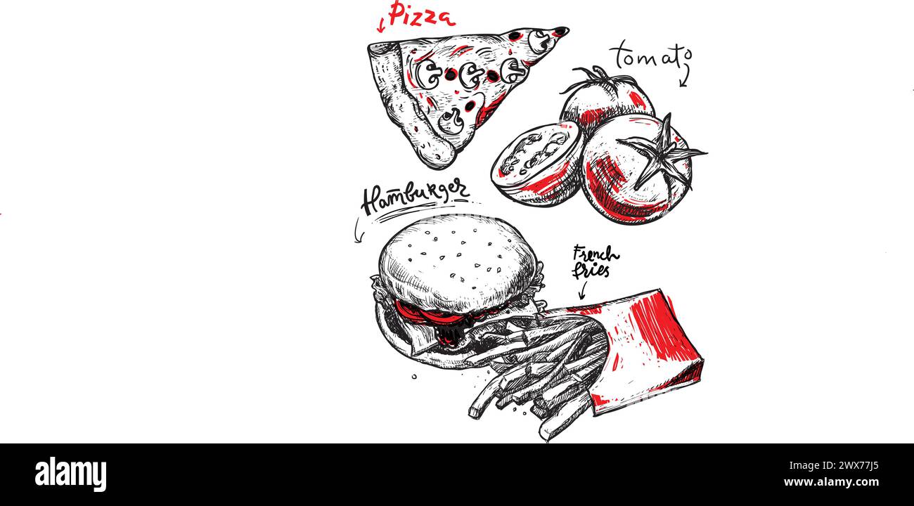Poster vintage del fast food. Illustrazione disegnata a mano. Hamburger, pomodori e patatine fritte isolate su sfondo bianco. Poster del fast food per il tuo progetto Illustrazione Vettoriale