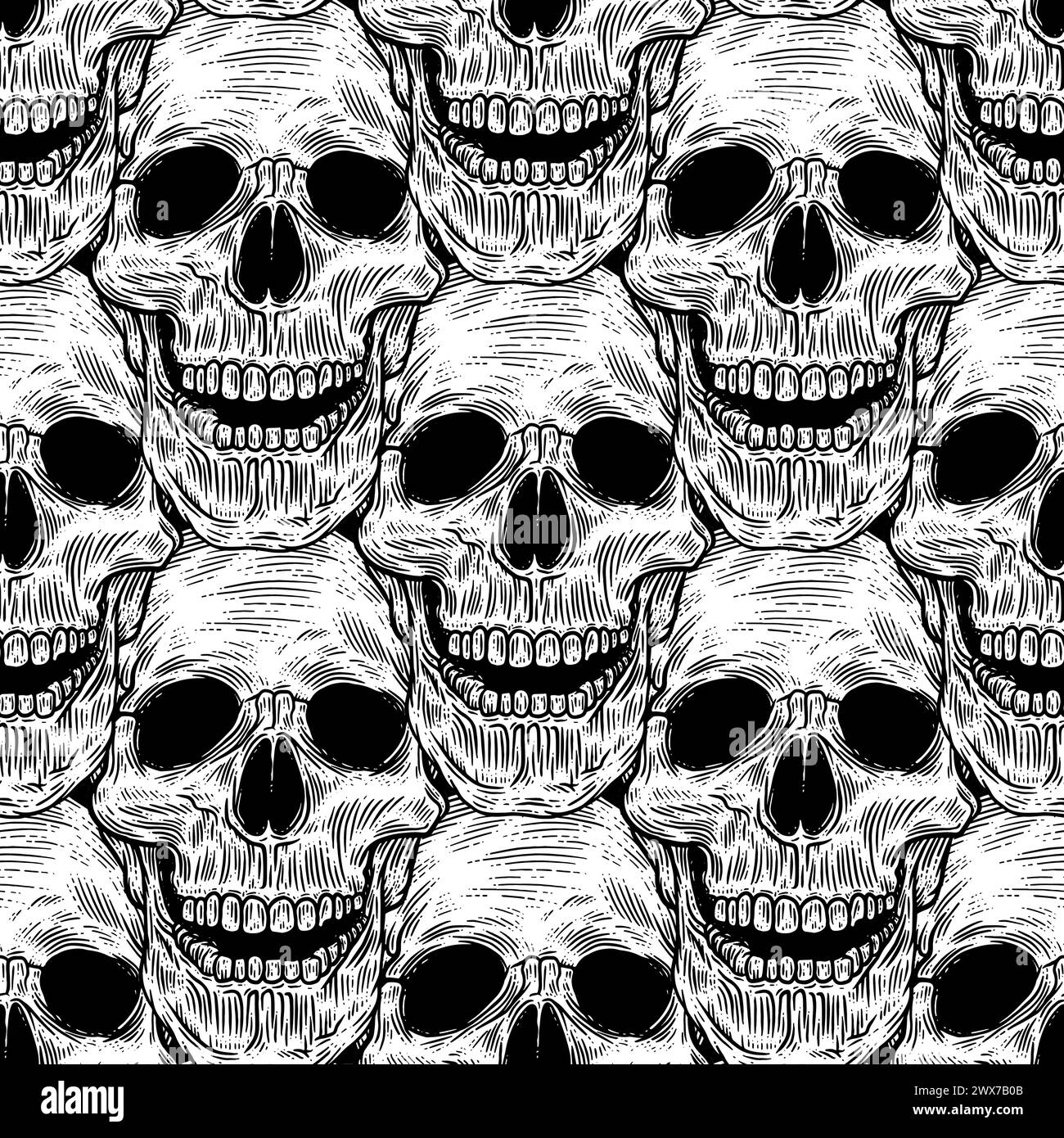 Motivo vettoriale senza cuciture con teschi su sfondo nero in tatuaggi retrò Old School, grunge, punk e gothic style . Illustrazioni disegnate a mano Illustrazione Vettoriale