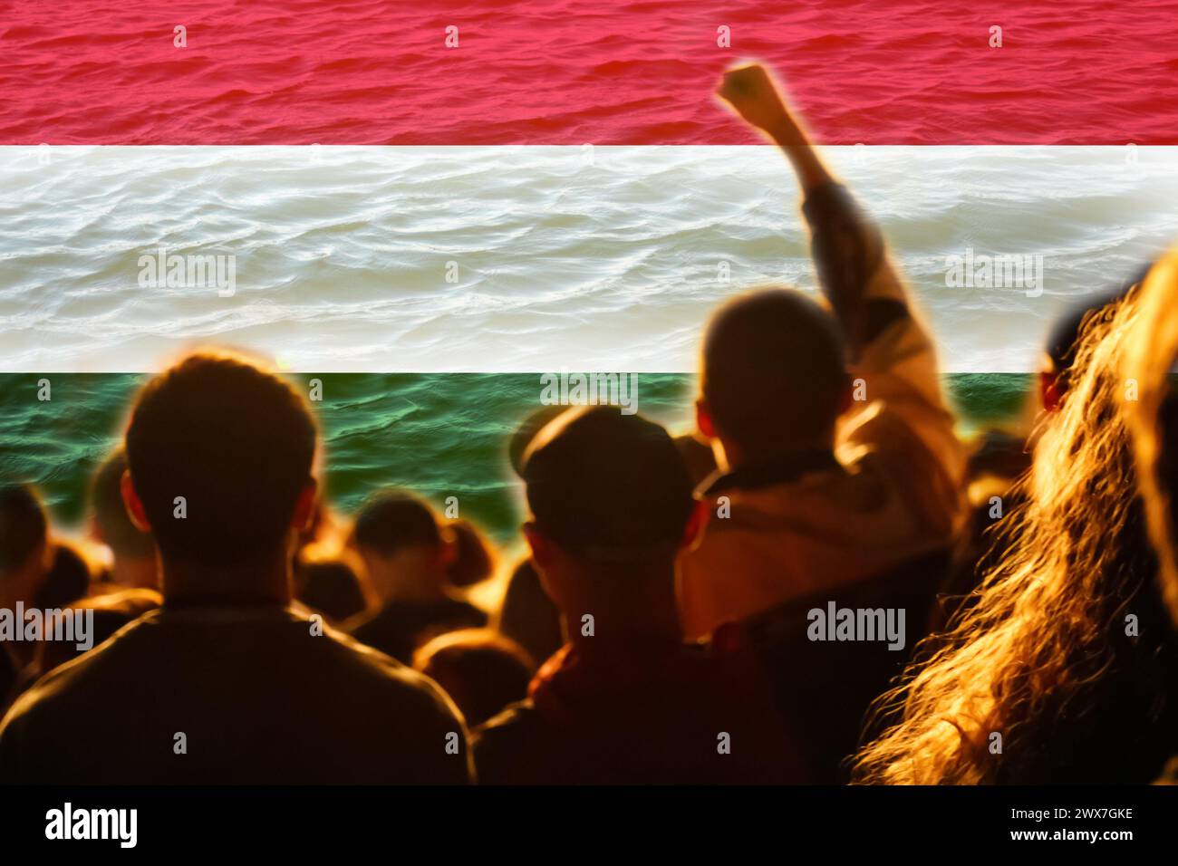 Protesta ungherese. Tifosi di calcio in Ungheria. Bandiera, ungherese, sfondo. Ondeggiante. Banner per la progettazione con spazio di copia Foto Stock