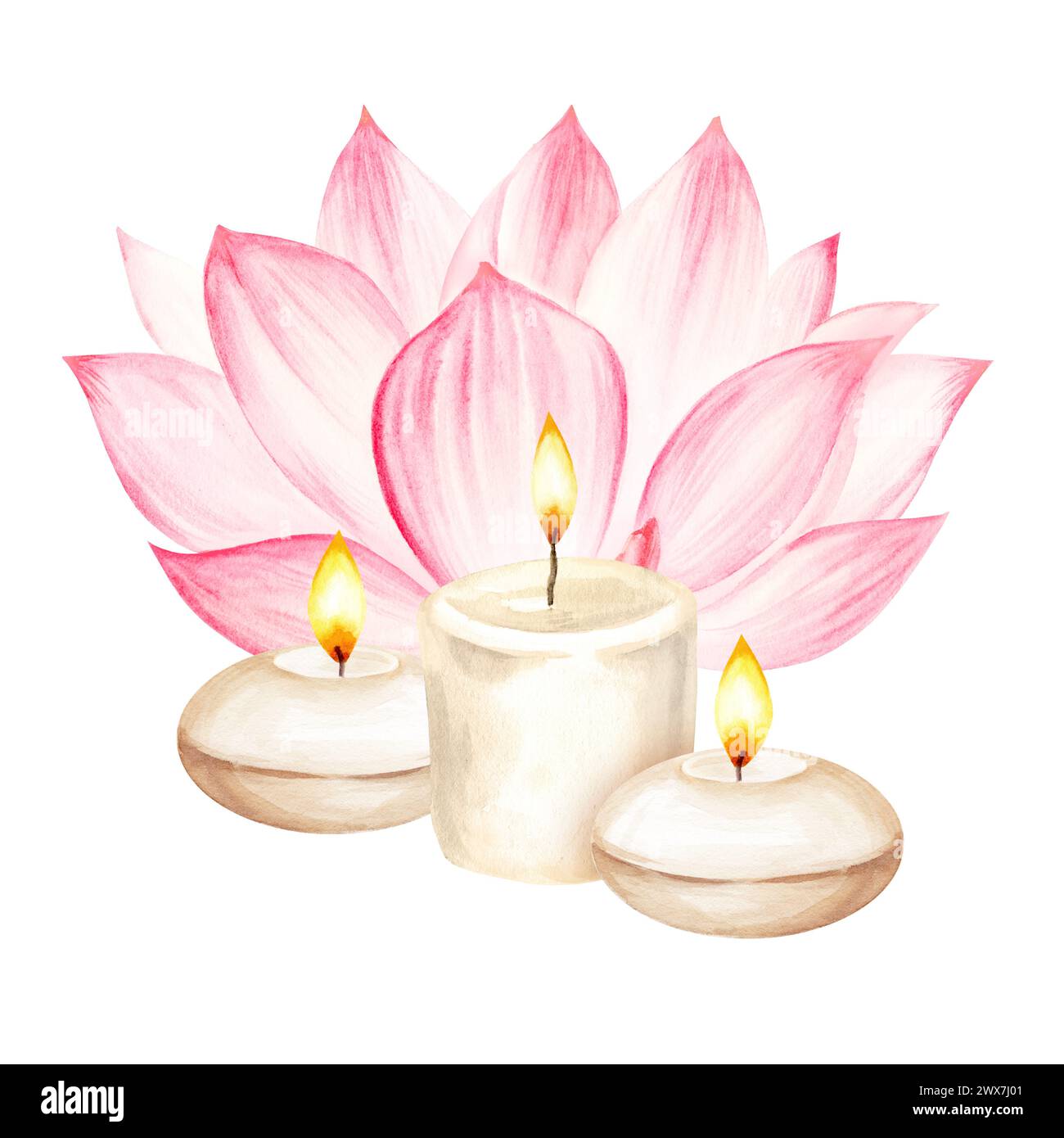 candele bianche a bruciatura di acquerelli con fuoco e fiore di loto tropicale rosa, illustrazione per interni accoglienti, spa e saloni yoga isolati su un dorso bianco Foto Stock