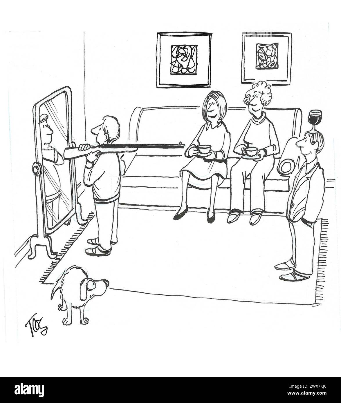 Il cartone animato BW di un uomo che spara una pistola all'indietro verso il vino in equilibrio sulla testa del suo amico, va bene perché è un vecchio tappeto. Foto Stock