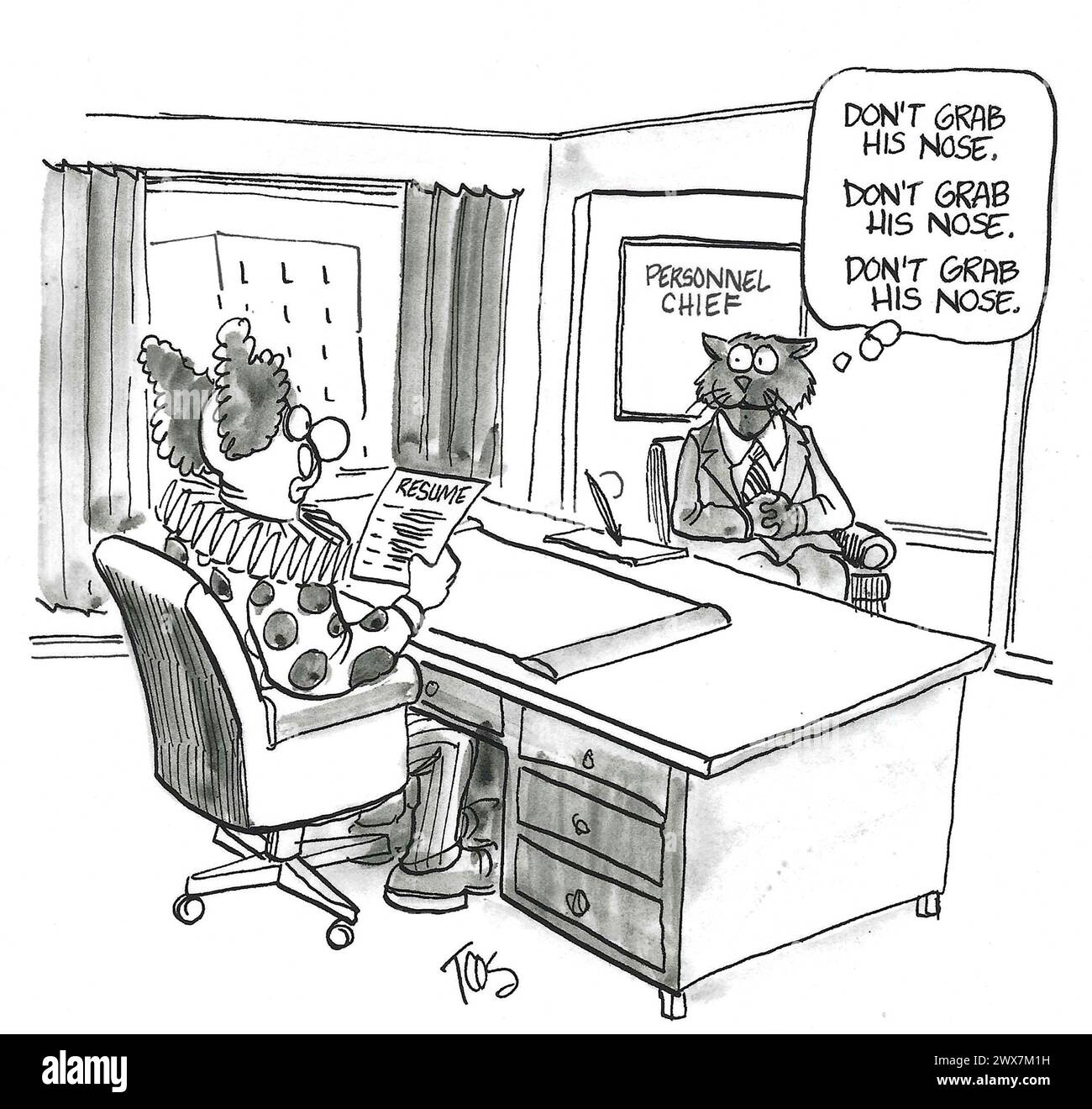 Fumetto BW di un gatto in un colloquio di lavoro con un clown - non afferrare il naso del clown. Foto Stock
