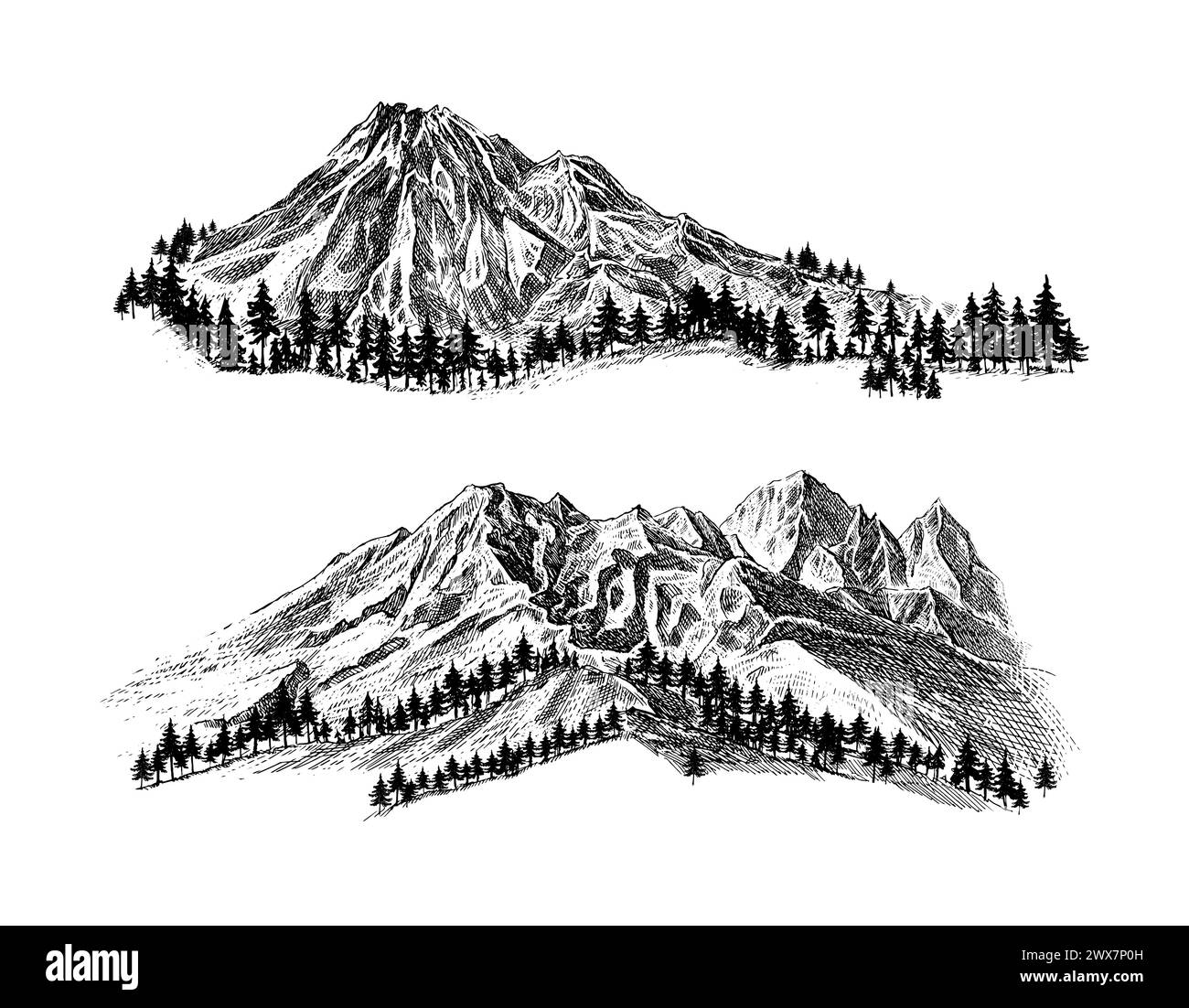 Montagna con pini e paesaggio nero su sfondo bianco. Picchi rocciosi disegnati a mano nello stile di schizzo. Illustrazione vettoriale. Illustrazione Vettoriale