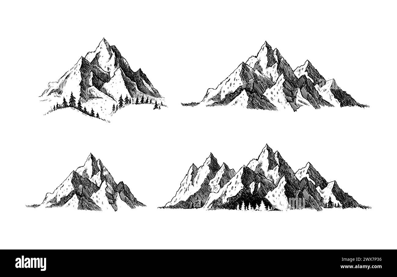 Montagna con pini e paesaggio nero su sfondo bianco. Picchi rocciosi disegnati a mano nello stile di schizzo. Illustrazione vettoriale. Illustrazione Vettoriale
