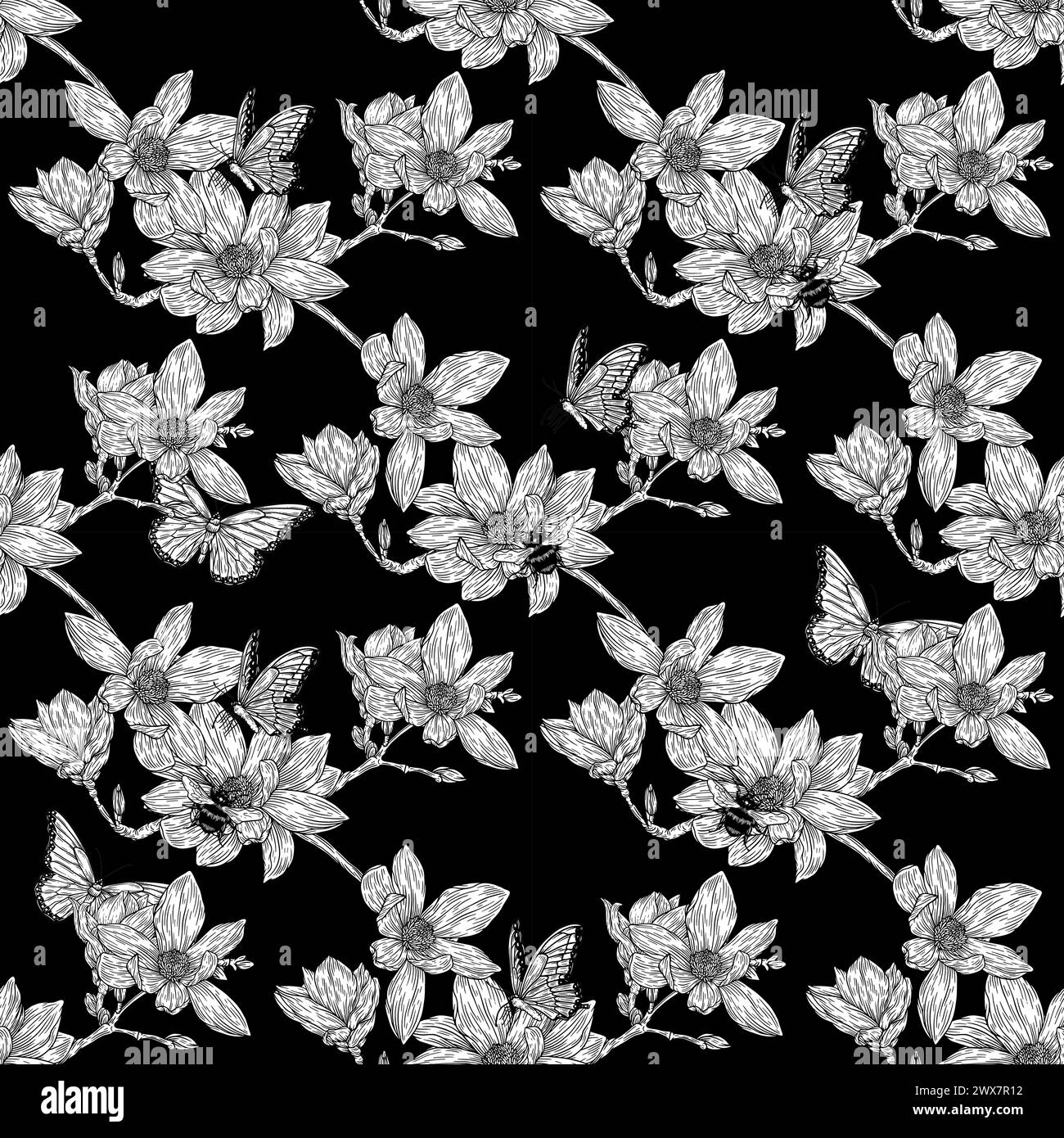 Fiori senza cuciture motivo . Illustrazioni della linea Magnolia. Arte floreale con incisione vintage Sfondo romantico. Illustrazione Vettoriale