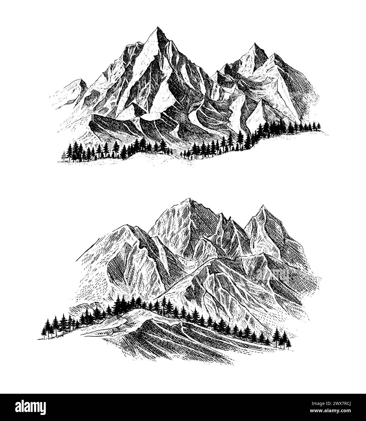 Montagna con pini e paesaggio nero su sfondo bianco. Picchi rocciosi disegnati a mano nello stile di schizzo. Illustrazione vettoriale. Illustrazione Vettoriale