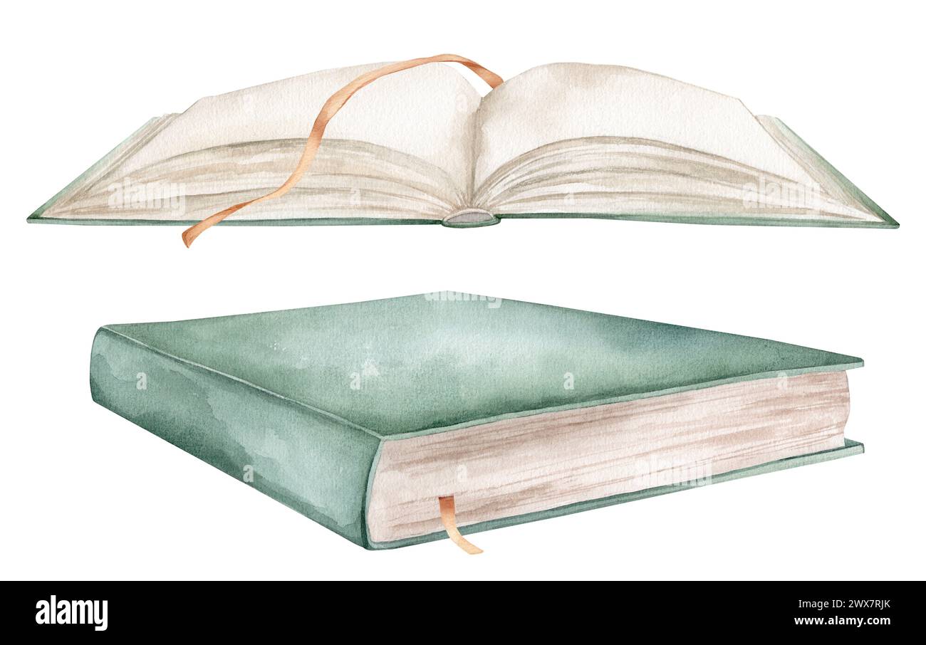 Serie di libri illustrazioni ad acquerello isolate su sfondo bianco. Apri libri con colori verdi e segnalibri. Vecchi libri di testo d'epoca, acquerello disegnato a mano Foto Stock