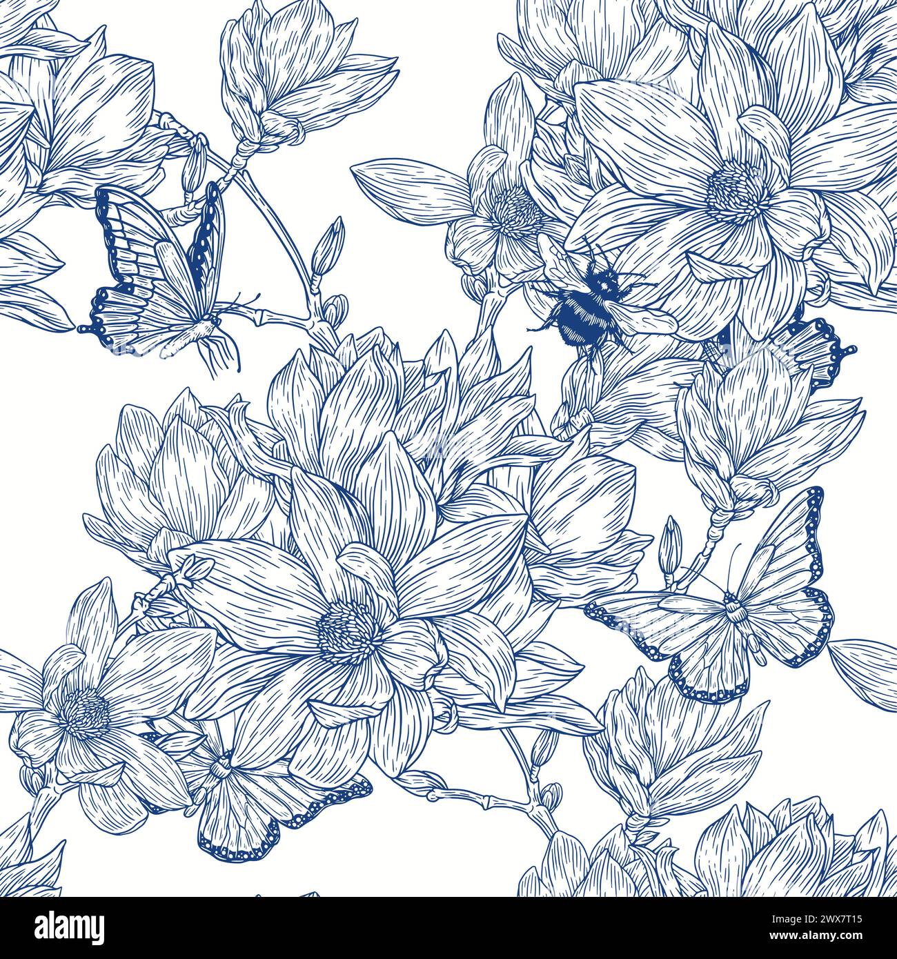 Fiori senza cuciture motivo . Illustrazioni della linea Magnolia. Arte floreale con incisione vintage Sfondo romantico. Illustrazione Vettoriale