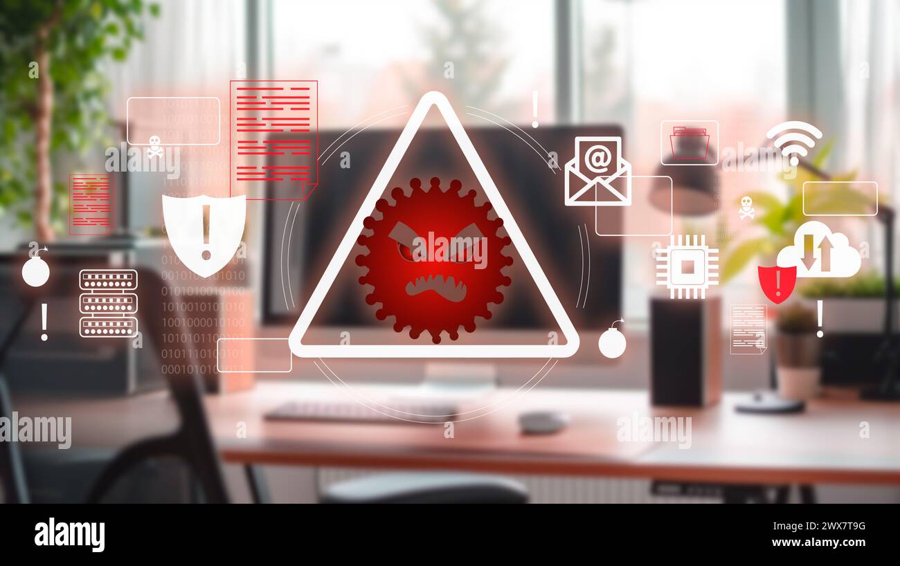 rilevamento di virus informatici aziendali nfografici, malware antivirus o phishing, software di rilevamento e pulizia Foto Stock