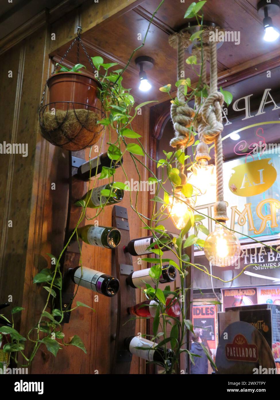 Ingresso al bar, Madrid. Bottiglie di vino, piante trainanti e luci sulle corde in una finestra del bar. Tipico bar accogliente a Madrid, Spagna. Foto Stock