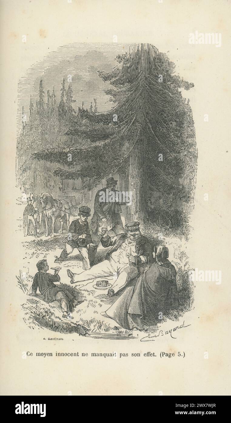 "Non appena Madame Dérigny o Jacques vedevano la sua fronte iniziare a rugarsi, la sua bocca iniziava a borsare e la sua pelle iniziava a lavarsi, gli offrivano alcuni spuntini come antipasto per i pasti più soddisfacenti che sarebbero stati serviti ai posti di sosta lungo la strada. Questa tattica innocente è stata efficace fino ad un certo punto.” Illustrazione da "le Général Dourakine", scritta dalla contessa di Ségur nel 1863. Edizione 1884 illustrata da Emile Bayard e pubblicata da Hachette. Foto Stock