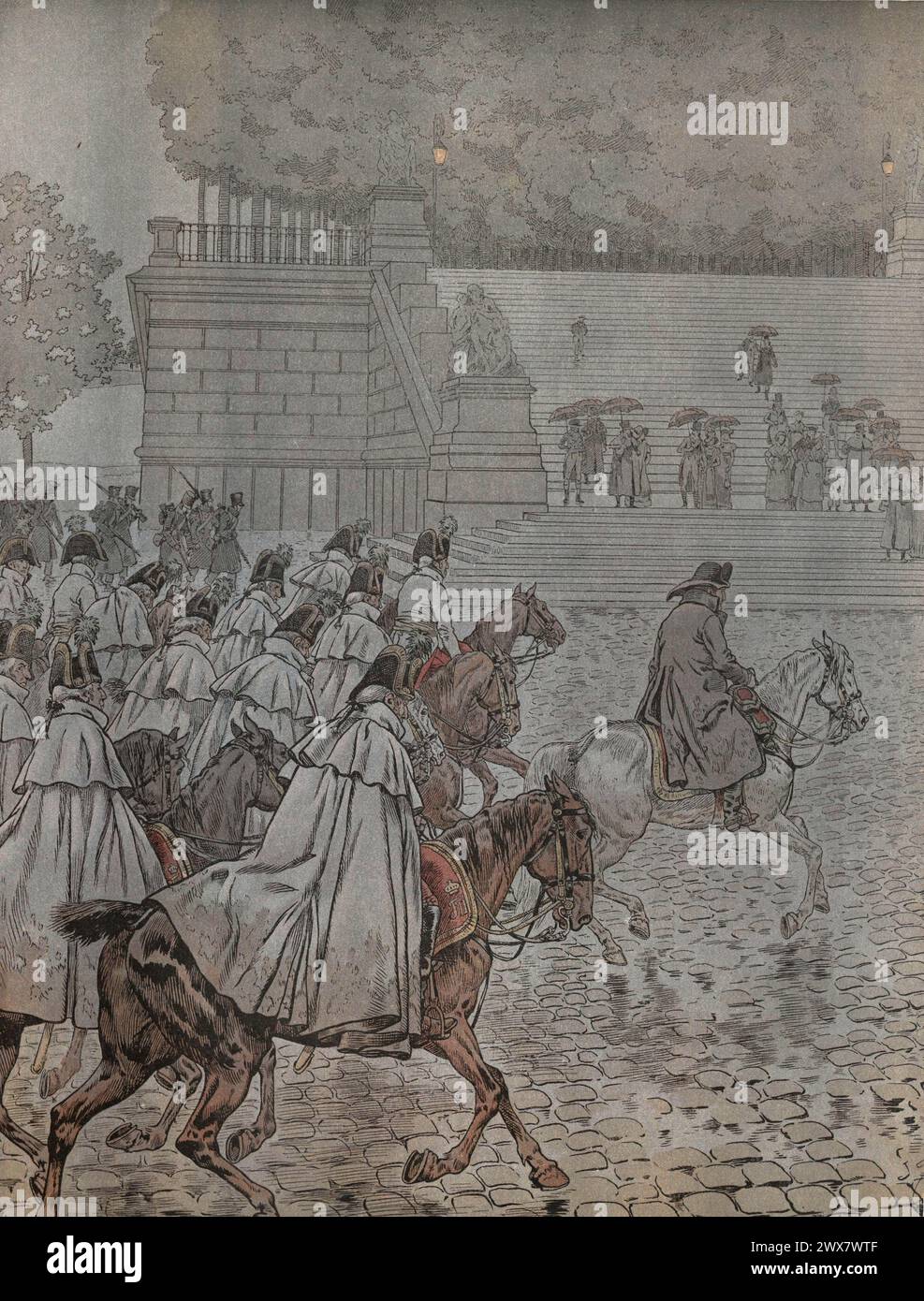 Napoleone i entrò a Dresda di notte, seguito dai generali nemici catturati, dopo la sua vittoria nella battaglia di Bautzen, il 21 maggio 1813. Illustrazione di Job dal libro 'Napoléon' scritto da Georges Montorgueil, pubblicato nel 1921 da Boivin (Parigi). Foto Stock