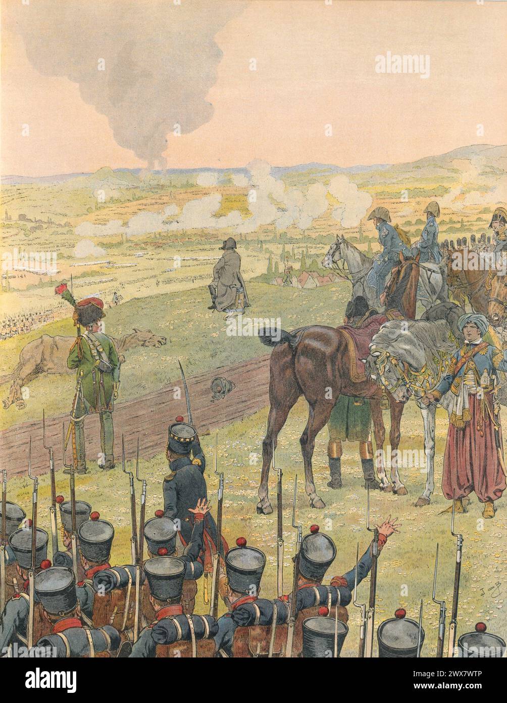 Napoleone i osservò le sue truppe nella battaglia di Bautzen, il 20 maggio 1813. Illustrazione di Job dal libro 'Napoléon' scritto da Georges Montorgueil, pubblicato nel 1921 da Boivin (Parigi). Foto Stock