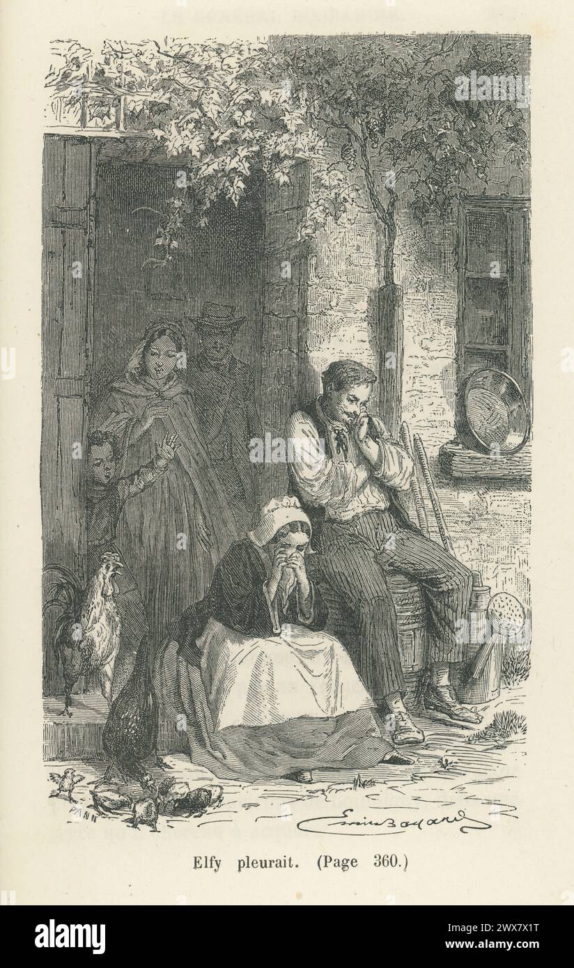 I Dérignys entrarono tranquillamente, e videro Elfy e Moutier seduti al cancello del loro giardino. Elfy stava piangendo. Illustrazione da "le Général Dourakine", scritta dalla contessa di Ségur nel 1863. Edizione 1884 illustrata da Emile Bayard e pubblicata da Hachette. Foto Stock