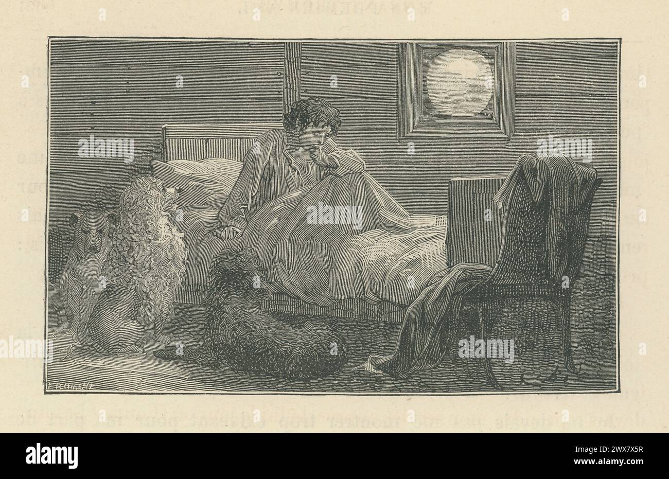 "Due volte ero stato strappato a coloro che amavo. [...] Mi hanno lasciato solo i cani e la scimmia, affamati e a piedi [...]' Parte i, capitolo XII Illustrazione da 'Sans Famille', scritta da Hector Malot nel 1878. Edizione 1880 illustrata da Emile Bayard e pubblicata da Hetzel & Cie Foto Stock