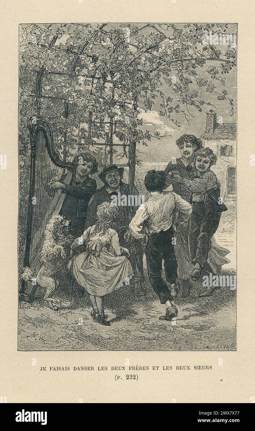 "Torneremo qui domenica e suoneremo la mia arpa mentre balli." Parte i, capitolo XX. Illustrazione da 'Sans Famille', scritta da Hector Malot nel 1878. Edizione 1880 illustrata da Emile Bayard e pubblicata da Hetzel & Cie Foto Stock