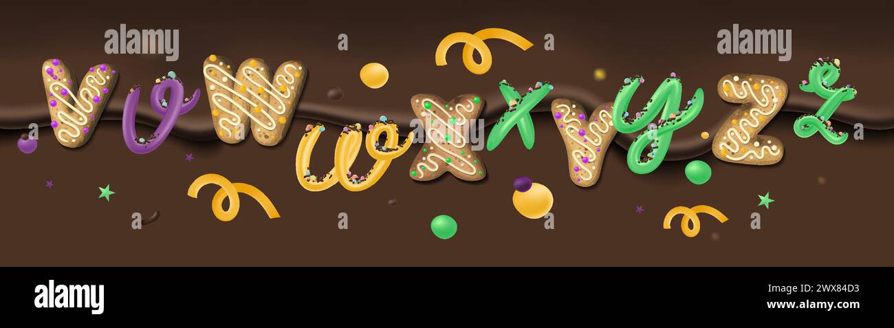 Dolce alfabeto. Illustrazioni vettoriali dei colori del carnevale. Tipografia Mardi gras. Illustrazione Vettoriale