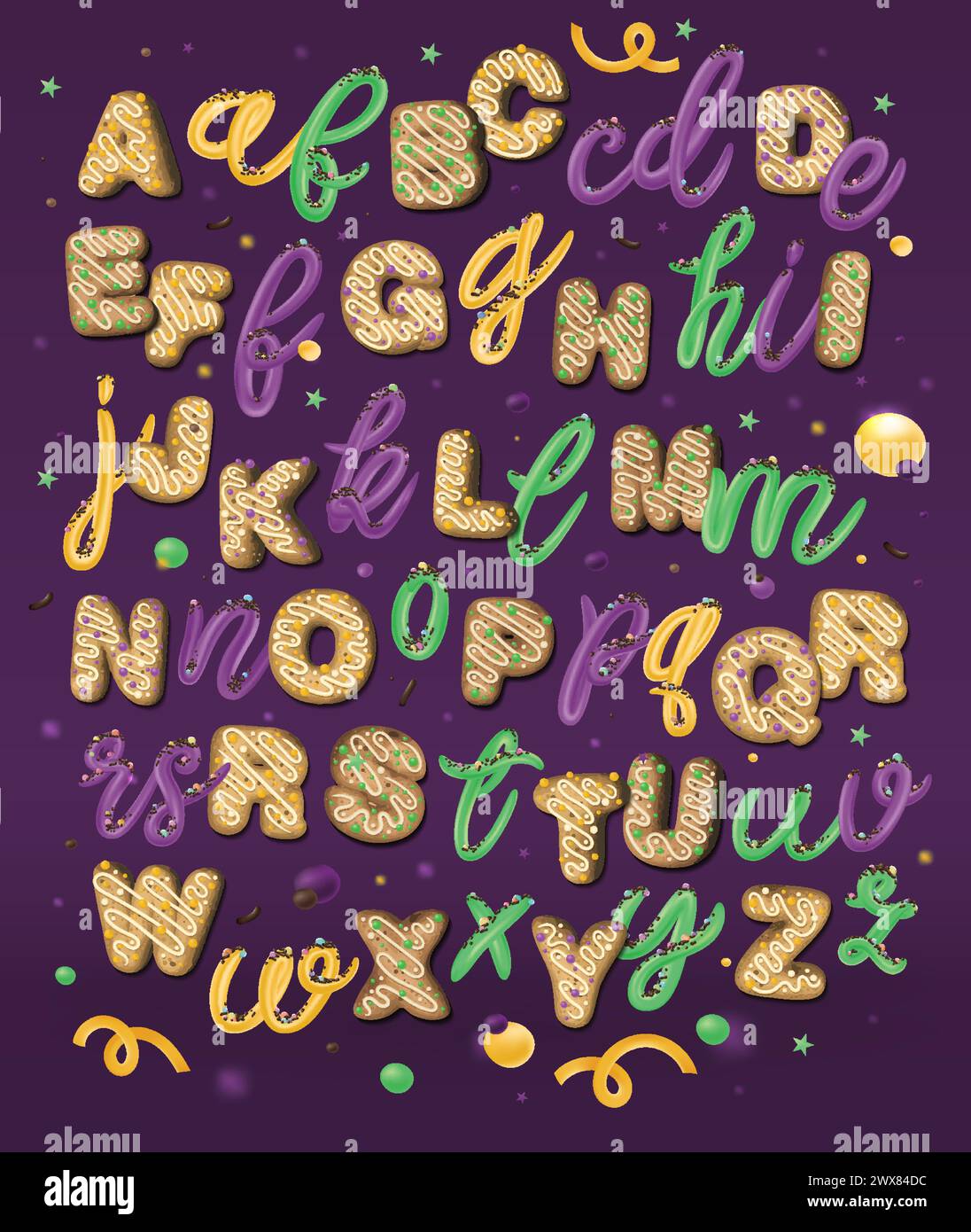 Dolce alfabeto. Illustrazioni vettoriali dei colori del carnevale. Tipografia Mardi gras. Illustrazione Vettoriale