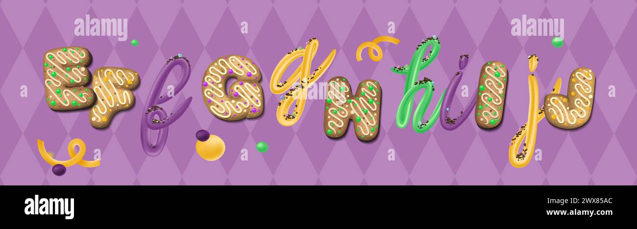 Dolce alfabeto. Illustrazioni vettoriali dei colori del carnevale. Tipografia Mardi gras. Illustrazione Vettoriale