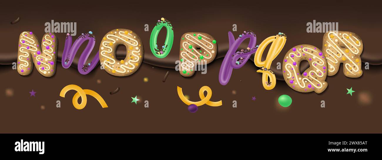 Dolce alfabeto. Illustrazioni vettoriali dei colori del carnevale. Tipografia Mardi gras. Illustrazione Vettoriale