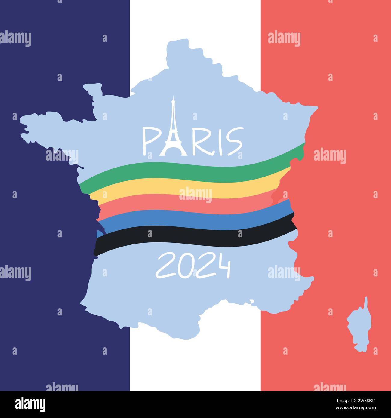 Design dei giochi sportivi olimpici di Parigi 2024. Silhouette e bandiera della Torre Eiffel nei colori degli anelli olimpici. Sfondo nei colori della bandiera francese. Illustrazione vettoriale Illustrazione Vettoriale