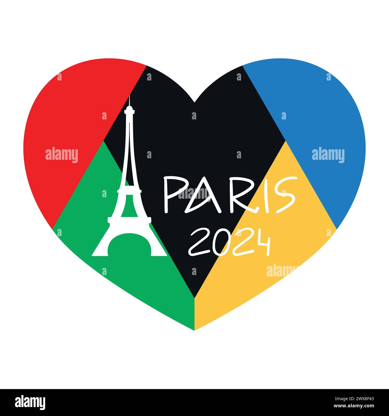 Design dei giochi sportivi olimpici di Parigi 2024. Modello semplice con cuore geometrico e silhouette della torre Eiffel. Illustrazione vettoriale Illustrazione Vettoriale