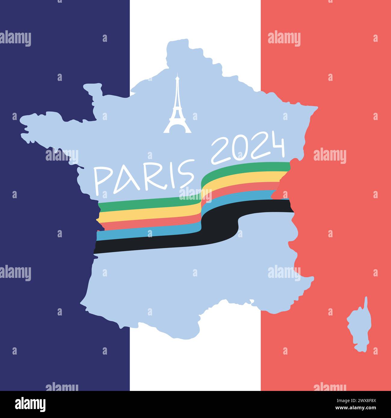 Design dei giochi sportivi olimpici di Parigi 2024. Silhouette della Torre Eiffel e bandiera nei colori degli anelli olimpici. Sfondo nei colori della bandiera francese. Illustrazione vettoriale Illustrazione Vettoriale