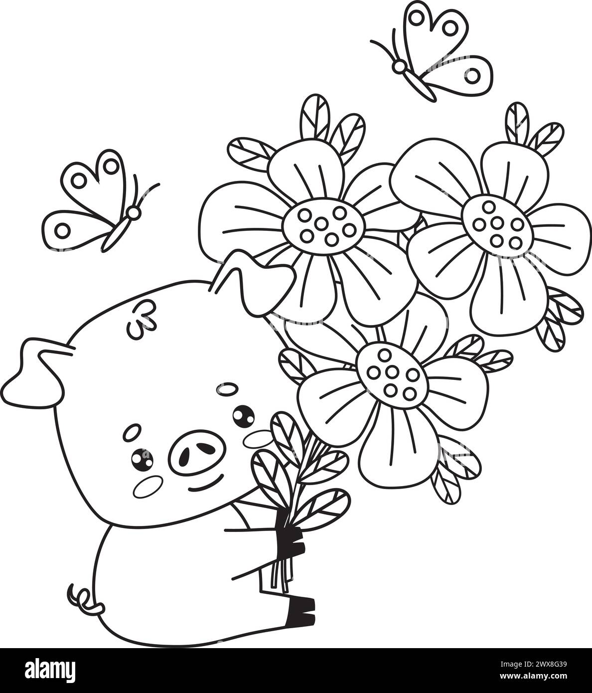 Piccolo maiale felice con un grande bouquet di fiori e farfalle. Illustrazione vettoriale. Carino personaggio dei cartoni animati. Disegno di linee, colorazione boo Illustrazione Vettoriale