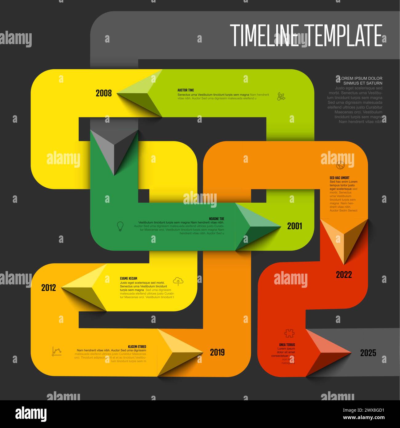 Semplice e colorato modello della timeline di groviglio con frecce triangolari su linee di colore spesse, icone, descrizioni brevi e numeri dell'anno. Infografica Illustrazione Vettoriale