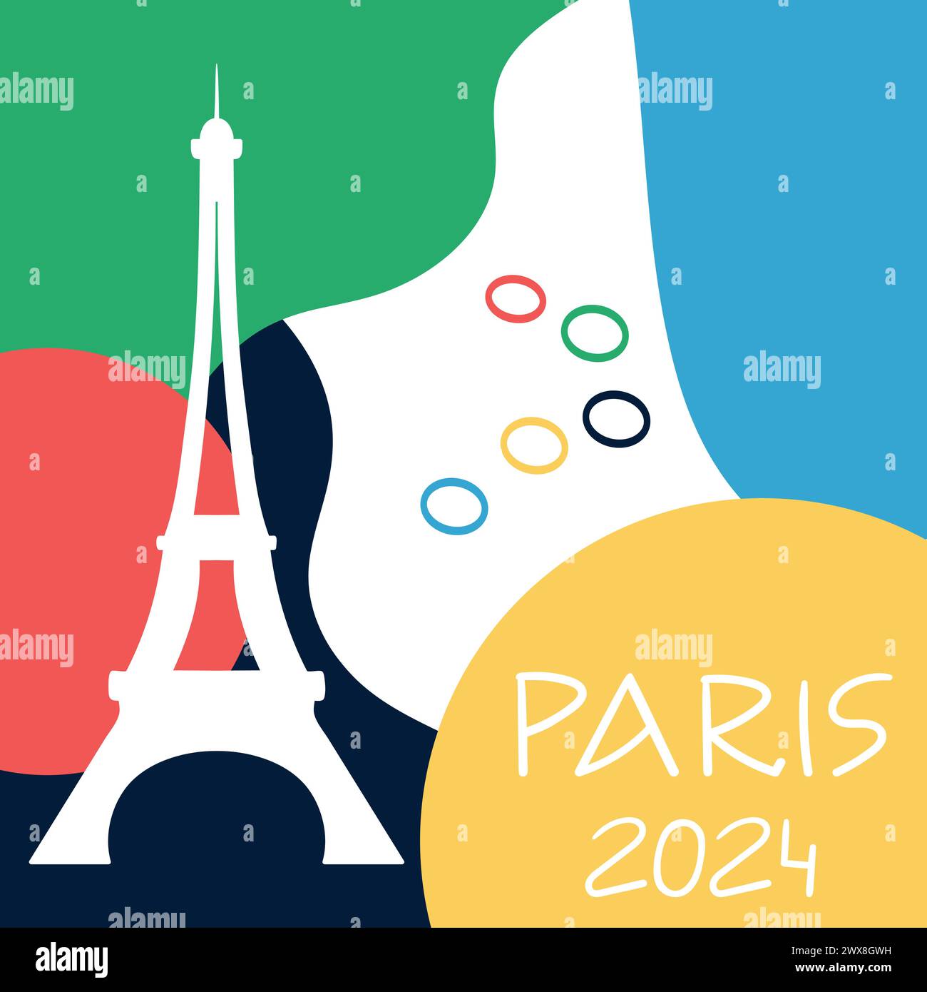 Design dei giochi sportivi olimpici di Parigi 2024. Sfondo colorato con forme astratte, anelli e silhouette della Torre Eiffel. Illustrazione vettoriale Illustrazione Vettoriale