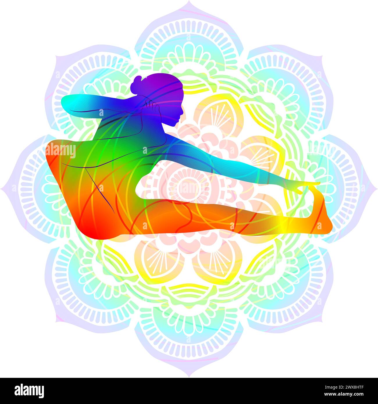 Silhouette colorata di yoga. Akarna Dhanurasana. La posa di Archer. Posa dell'arco e della freccia o posa dell'arco di tiro. Illustrazione vettoriale isolata Illustrazione Vettoriale