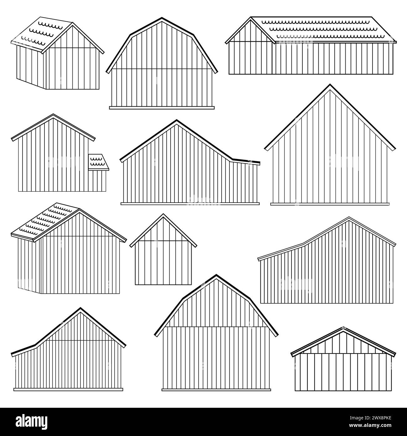 Grande serie di case o fienili in legno senza porte e finestre. Illustrazioni vettoriali isolate su sfondo bianco per costruttore o colorazione Illustrazione Vettoriale